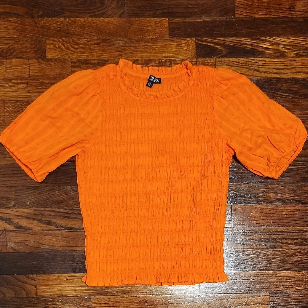 J. Crew Stretchy Bright Orange Smocked Blouse Puff Sleeves Ruffle Crew Collar - Picture 1 of 7
